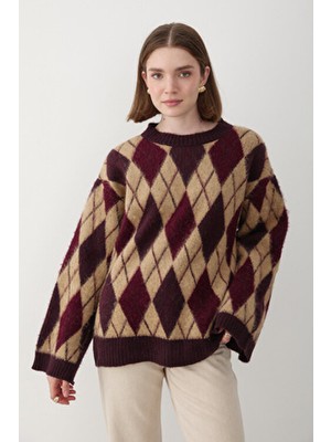 Jaste Kadın Mürdüm Oversize Triko Kazak Bisiklet Yaka Argyle Desenli Rahat Kesim