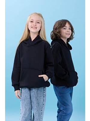 Perendi Unisex Kapüşonlu Siyah Kanguru Cepli Kışlık Sweatshirt - Yumuşak Pamuklu Tasarım