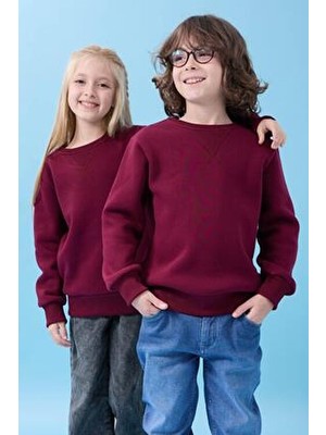 Perendi Unisex Basic Bordo Bisiklet Yaka Kışlık Sweatshirt - Şardonlu ve Cepsiz Tasarım