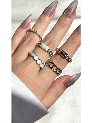Kadın Gümüş Renk 5 Li Tasarım Yüzük Seti