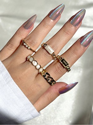 Kadın Gold Renk 5 Li Tasarım Yüzük Seti