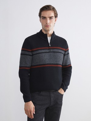 Lc Waikiki Yeni Sezon Dik Yaka Uzun Kollu Çizgili Erkek Triko Kazak