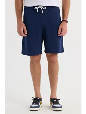 Erkek Relax Fit Rahat Kesim %100 Pamuk Beli Bağcıklı Lacivert Şort