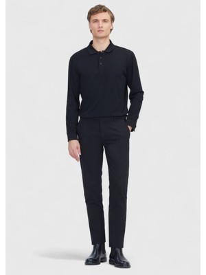 Siyah Düz Dokuma Regular Fit Casual Pamuk Karışımlı Pantolon