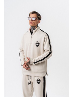 Erkek Şerit Detaylı Yarım Fermuarlı Modal Sweatshirt Ekru