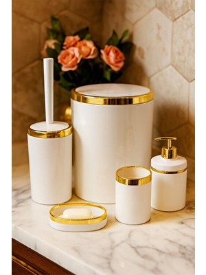 5 Parça Akrilik Banyo Seti, Şık ve Kaliteli Akrilik, Altın Renk Detaylı, Beyaz