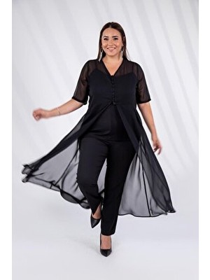 Roxxlen Büyük Beden Düğmeli Siyah Şifon Tunik Kısa Kol V Yaka Düz Desenli Kadın Modası