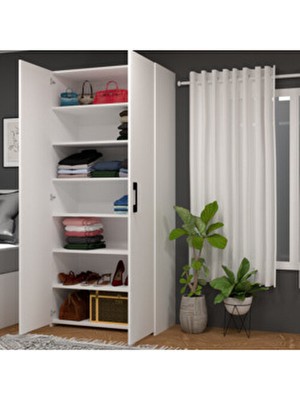 Retro-6 Çok Amaçlı 7 Raflı 2 Kapaklı Gardırop Beyaz