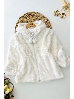 Miniğimin Cicileri Pelüş Kız Çocuk Kapüşonlu Kız Çocuk Mont - Beyaz