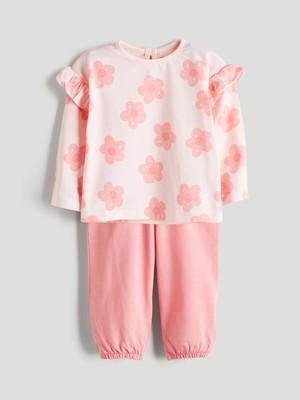 Lc Waikiki Yeni Sezon Çiçek Baskılı Fırfırlı Kız Bebek Bluz ve Tayt 2'li