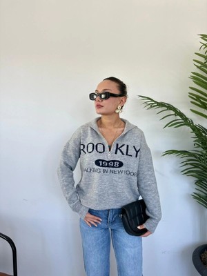 Kadın Brooklyn Baskılı Kazak Gri