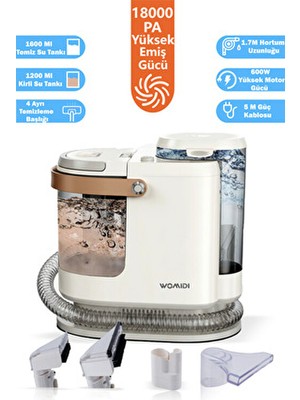 Womidi Halı ve Koltuk Yıkama Makinesi 600W Güç 18.000 Pa Emiş Gücü ile Kolay Kullanım Sunar