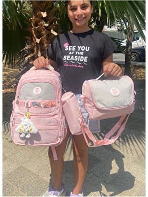 Kız Çocuk Ilköğretim Çantası Ultra Hafif Ilkokul / Ortaokul Okul 3 Lü Çanta Seti Pembe-Lila -Gri