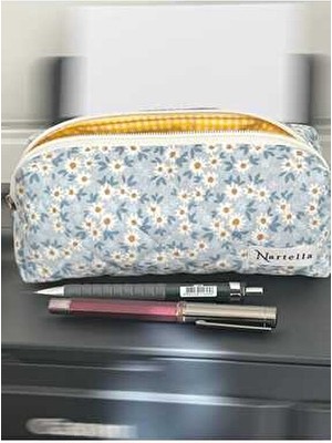 Kalemlik – Boncuk Mavi Papatya Desenli, Kapitone Kumaş, Yıkanabilir Bez Organizer, Cotton Astarlı