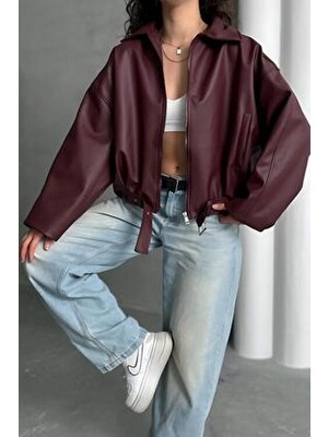 Jaglion Pb Oversize Bomber Kemerli Deri Ceket Bordo Uzun Kol Kadın Günlük Tarz Suni Deri
