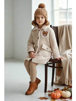 Ayıcık Nakışlı Kız Çocuk Bej Pelüş Kışlık Kaban