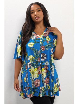 Büyük Beden Kısa Kollu V Yaka Baskılı T-Shirt 304339