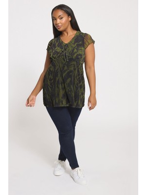 Büyük Beden Kısa Kollu V Yaka Astarlı Transparan T-Shirt 304315