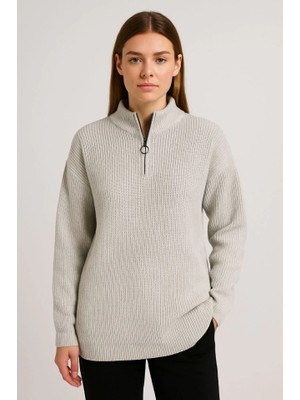 Giyimodam Kadın Yarım Fermuarlı Triko Kazak – Selanik Örgü, Dik Yaka, Pamuklu Dokuma, Oversize Uzun Kollu Kışlık Model - Gri