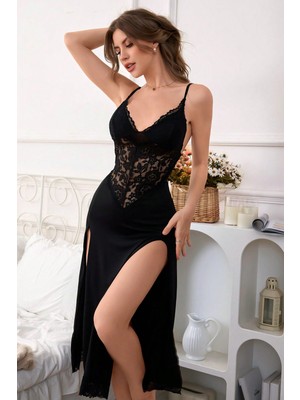 Merry See Dantel Detaylı Uzun Gecelik Kadın Slim Fit Polyester Kumaş Siyah Renk