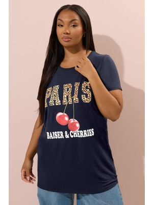 Büyük Beden Kısa Kollu Bisiklet Yaka Baskılı T-Shirt 304174