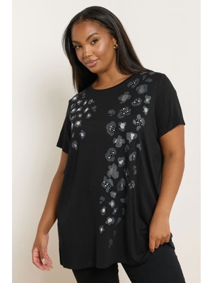 Büyük Beden Kısa Kollu Bisiklet Yaka Baskılı T-Shirt 322959