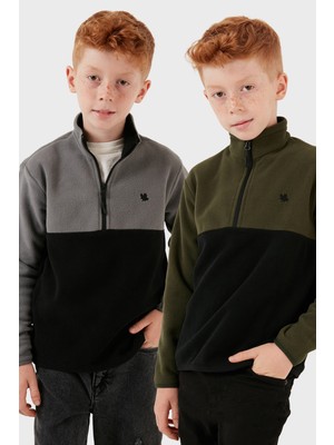 Lela Yumuşak Dokulu Yarım Fermuarlı Renk Bloklu Dik Yaka 2'li Paket Polar Çocuk Polar 5905004S2