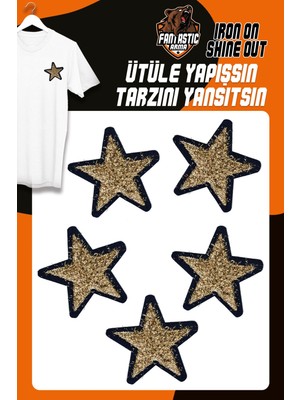 Ütü ile Yapışan Dokuma Arma Seti Patch Yama Altın Simli Saçaklı Yıldız Modeli (5 Adet)
