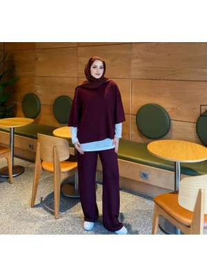 Kadın 3’lü Takım ♦ Scuba Kumaş ♦ Bordo ♦ Yüksek Bel Cepli Geniş Paça Pantolon ♦ Günlük Şık Kombin