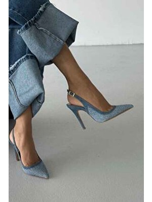 Ayakkabı Prensi Kadın Echo Kot Hasır 10cm Topuklu Mavi Suni Deri İnce Topuklu Ayakkabı