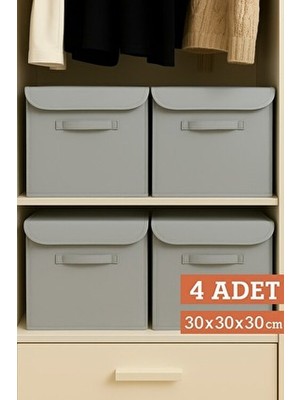 4’lü Gri Kapaklı Kumaş Dolap Içi Düzenleyici Kutu - 30X30X30 cm Katlanabilir Saklama Kutusu