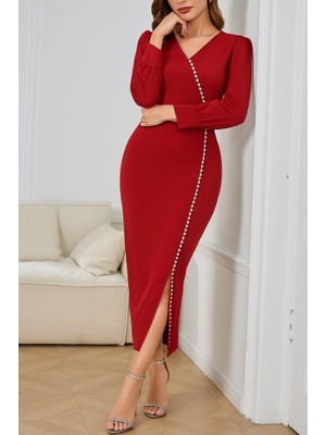 Arben Boutique Kadın Uzun Kollu V Yakalı Yırtmaçlı Taşlı Uzun Ithal Krep Elbise