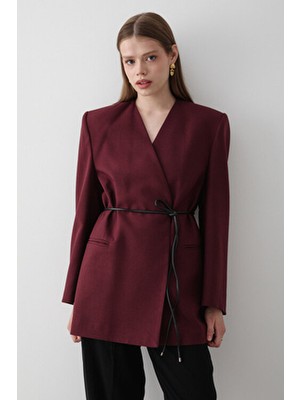 Jaste Kadın Kruvaze Kemer Detaylı Oversize Blazer Ceket BORDO