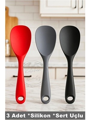 3 Adet Ultra Sert Uçlu Silikon Servis Pilav Tatlı Kaşığı Kaşık Seti Asılabilir Kaşık Yanmaz Yapışmaz