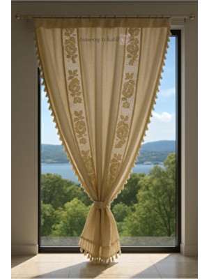 Ara Güllü Keten Buldan Bodrum Otantik Ponponlu Perde En x Boy Rustik ve Kornişe Uyumludur