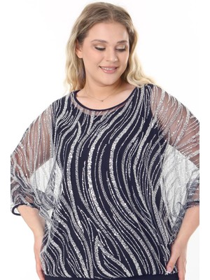  Büyük Beden 3899 Lacivert-Gümüş Bluz+Bady Ikili Takım