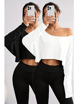 Beyaz - Siyah 2li Kadın Düşük Omuz Kayık Yaka Oversize Uzun Kollu Crop T-Shirt