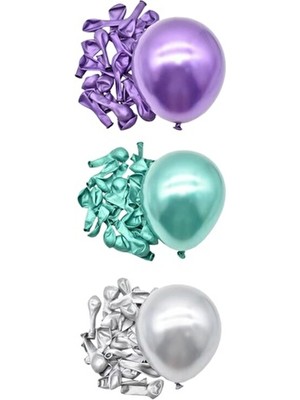 Bi Dolu Mutluluk Deniz Kızı Konsept Metalik Balon Seti Mor Yeşil Gümüş 5 İnç 30 Adet Parti Eğlencesi