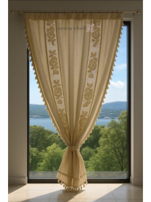 Ara Güllü Keten Buldan Bodrum Otantik Ponponlu Perde En x Boy Rustik ve Kornişe Uyumludur