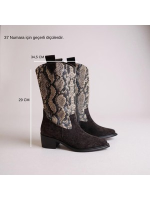 Kahve Süet Hakiki Deri Yılan Baskılı Içten Fermuarlı Kadın Western Bot