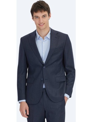 Lacivert Çizgili Modern Fit Yün Karışımlı Takım Elbise