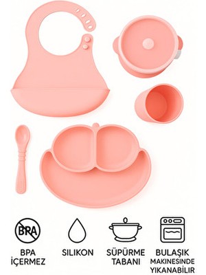 CKM Silikon 5li Pembe Silikon Bebek Beslenme Seti (Bölmeli Mama Tabağı, Sızdırmaz Kase, Kaşık, Bardak, Önlük)
