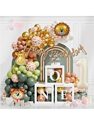 One 1 Yaş Safari Desenli Doğum Günü Konsepti Parti Kutlama Doğum Günü Konsepti