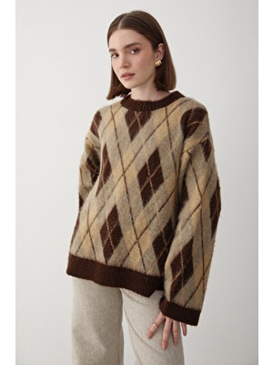 Jaste  Kadın Oversize Argyle Desenli Triko Kazak KAHVERENGİ