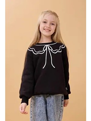 Kız Çocuk Bisiklet Yaka Baskılı Şardonlu Kışlık Sweatshirt - Siyah