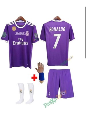 Cristiano Ronaldo Real Madrid Mor 2017 Cardif  Şampiyonlar Ligi Çocuk Forma Takımı 4 Parça Forma Şort Çorap Bileklik Hediye