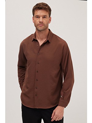 Oversize Mevsimlik Keten Dokulu Bol Kalıp Uzun Kollu Rahat Kullanım Erkek Kahverengi Gömlek