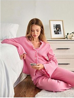 Bella Notte Pembe Düğmeli Uzun Kollu Fırfırlı Pijama Takımı  Şık Tasarım