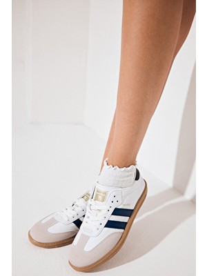 Tonny Black Unisex Lacivert Beyaz Termo Taban Yanı Şeritli Bağcıklı Spor Ayakkabı