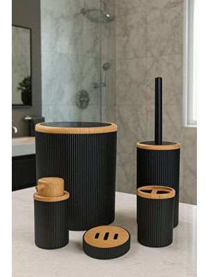 5 Parça Banyo Seti, Bambu Desen Siyah, Çöp Kovası, Fırçalık, Sıvı Sabunluk, Diş Fırçalık, Sabunluk